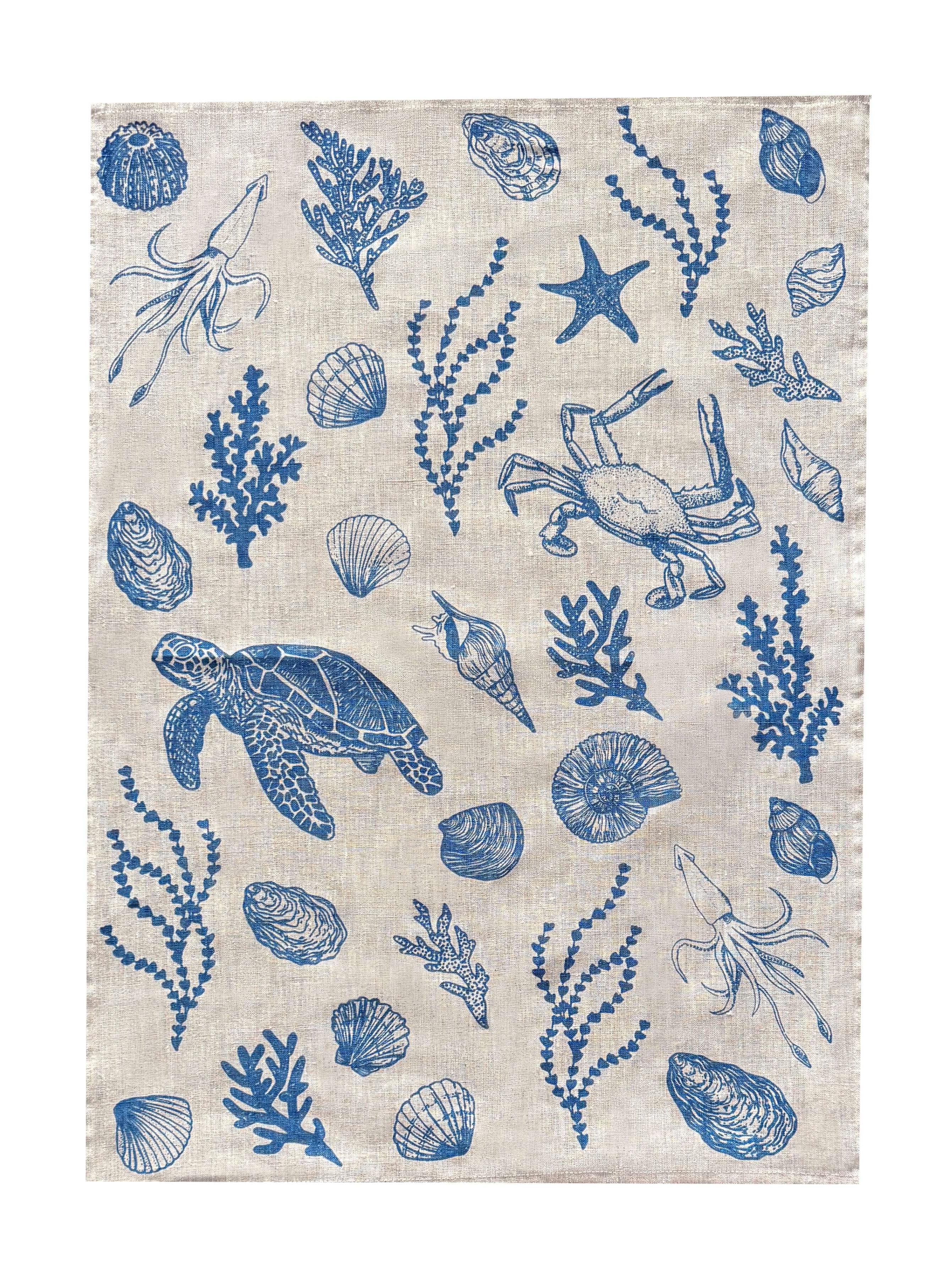 Blue Under the Sea linen tea towel (Natural and off-white)