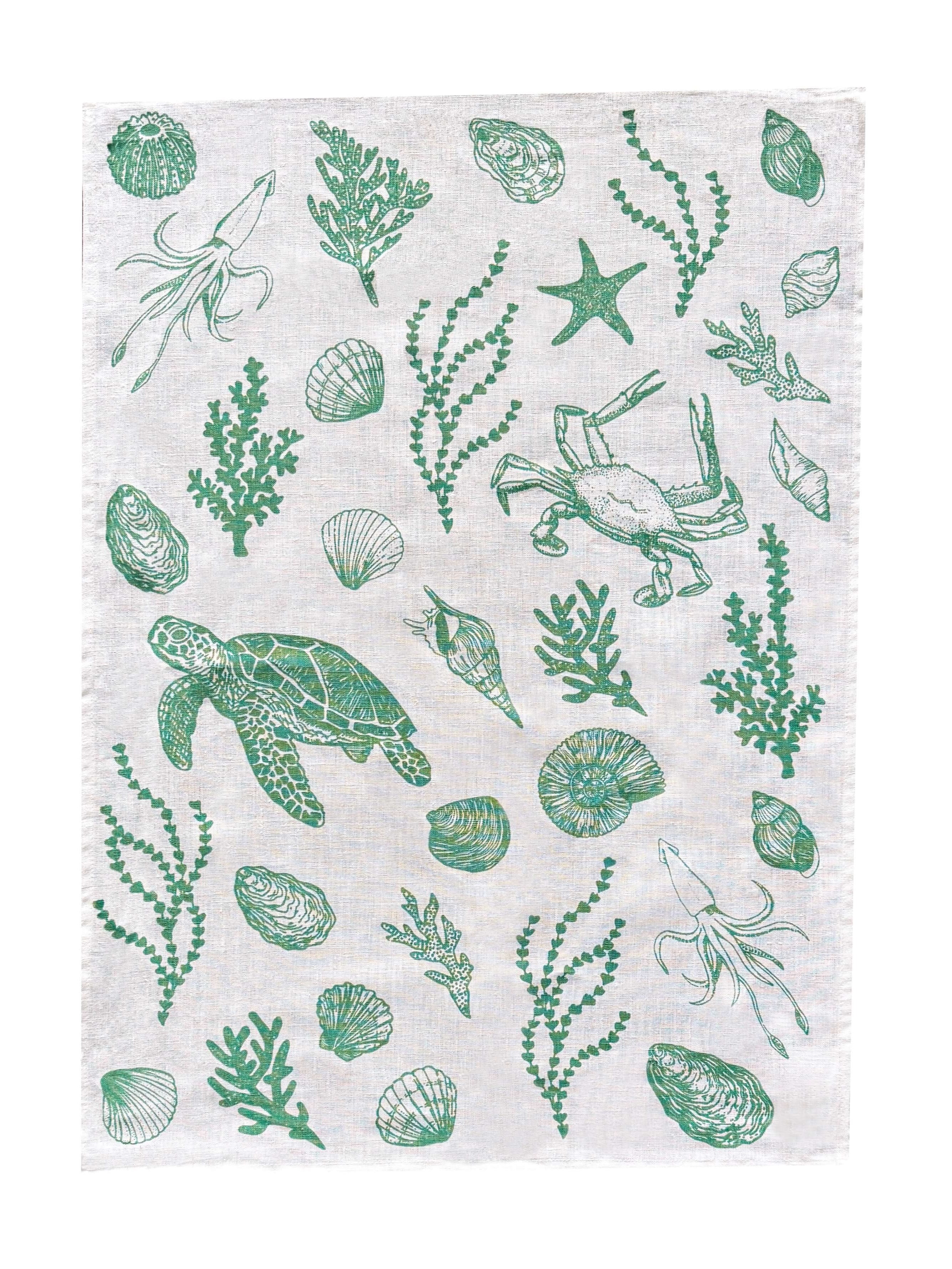 Green Under the Sea linen tea towel (Natural and off-white)