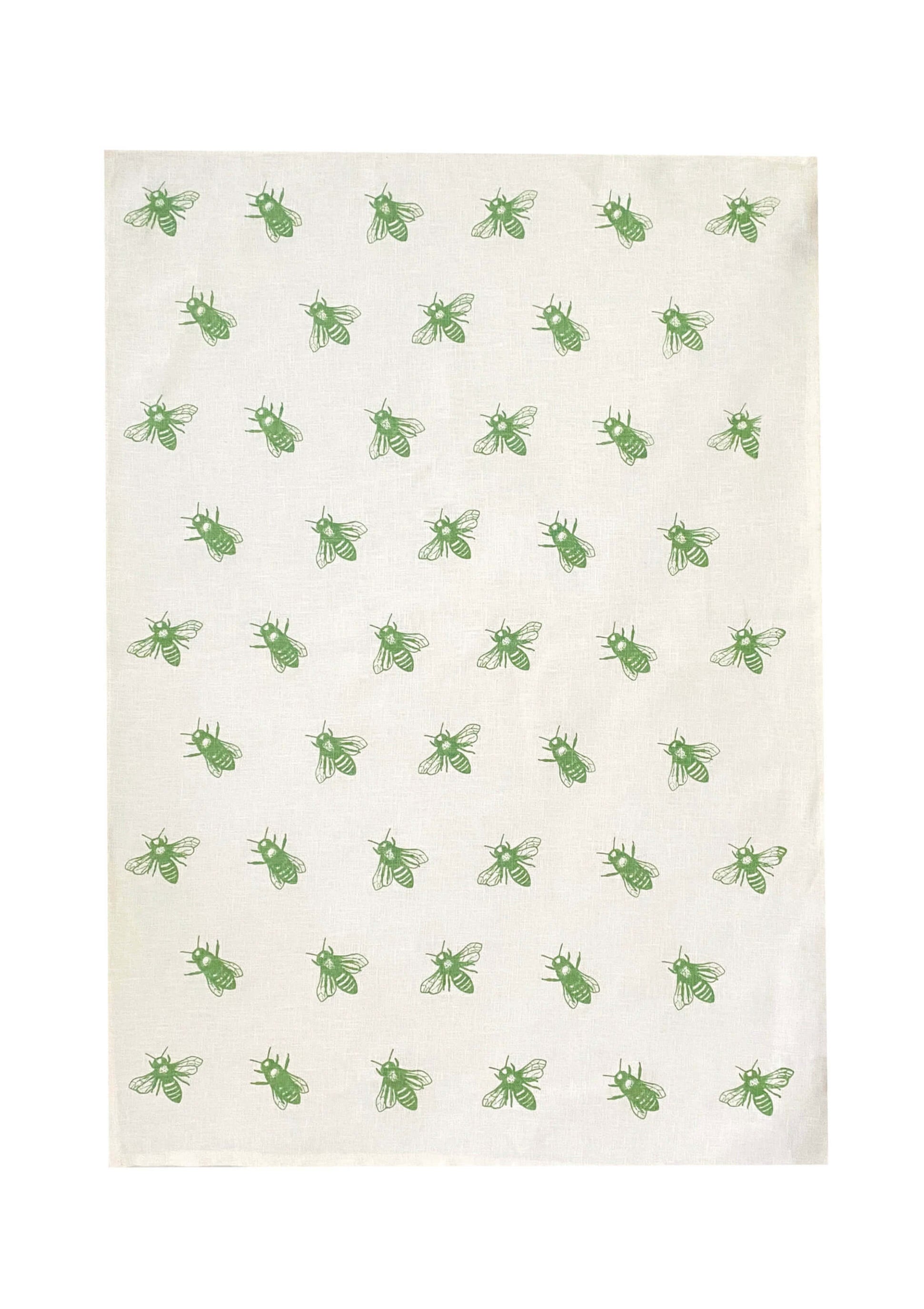 Green Bees linen tea towel (Natural and off-white)