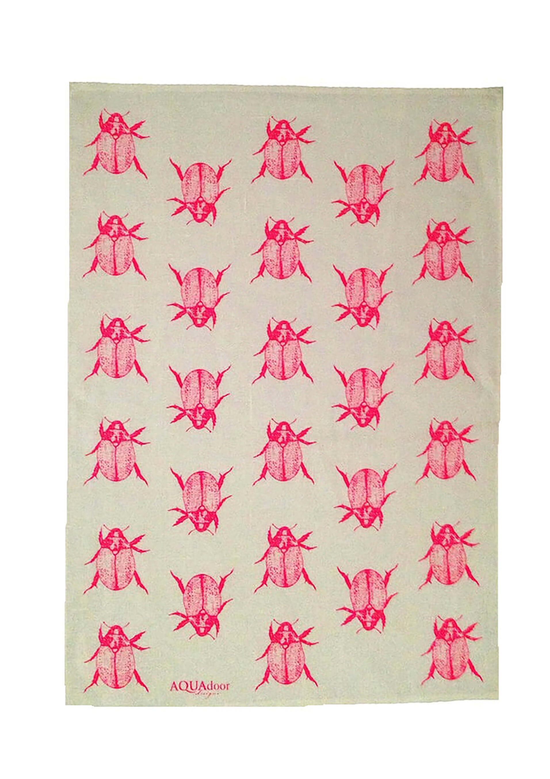 Neon pink Christmas Beetle linen tea towel (Natural and off-white)