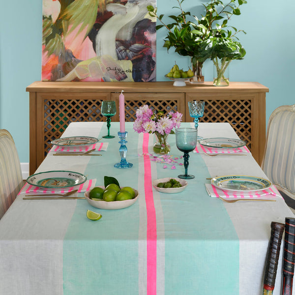 Aqua + highlighter pink Tennis stripe linen tablecloth