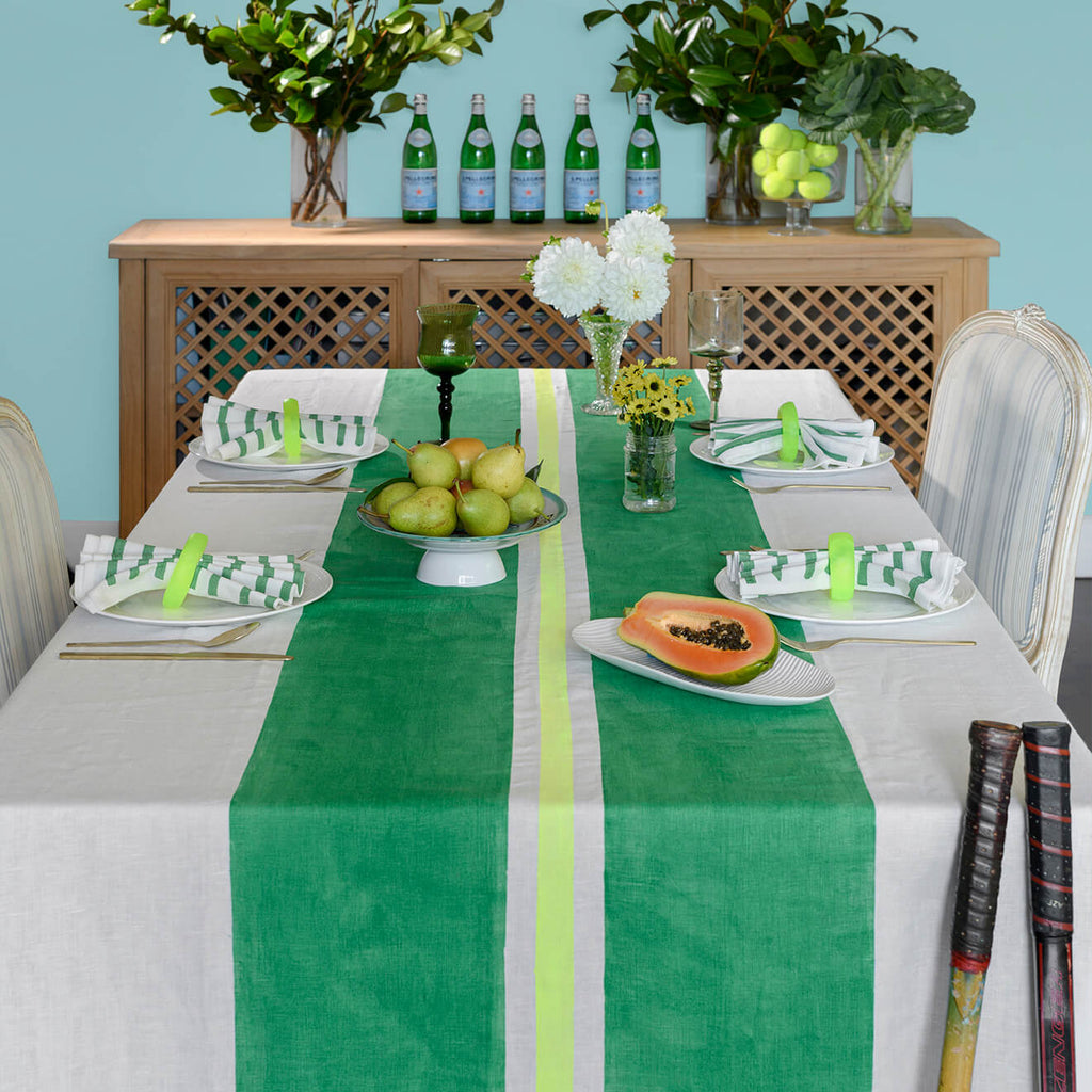 Green + yellow Tennis stripe linen tablecloth