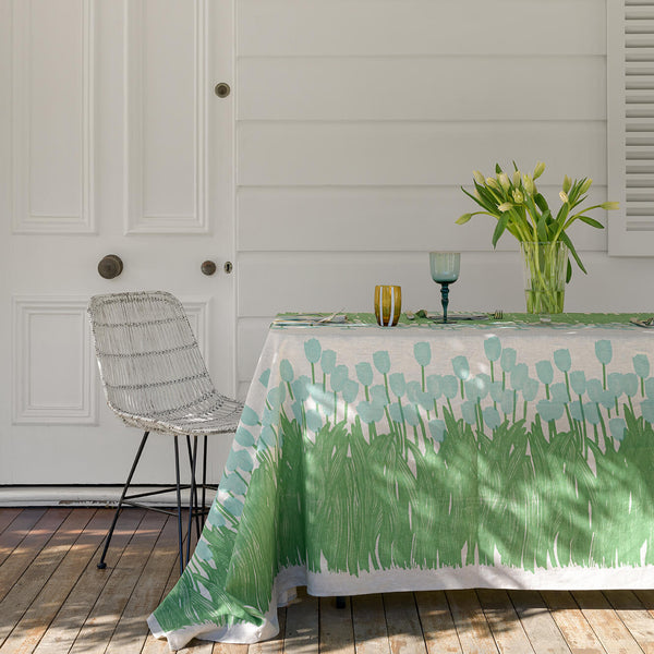 Duckegg + green Tulips linen tablecloth