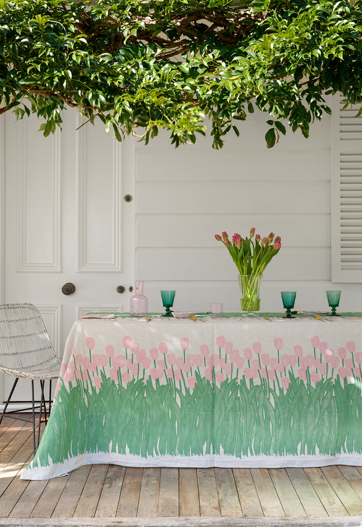 Pink + green Tulips linen tablecloth