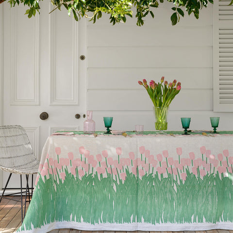 Pink + green Tulips linen tablecloth