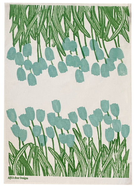 Duckegg + green Tulips linen tea towel (Natural and off-white)