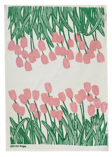 Pink + green Tulips linen tea towel (Natural and off-white)