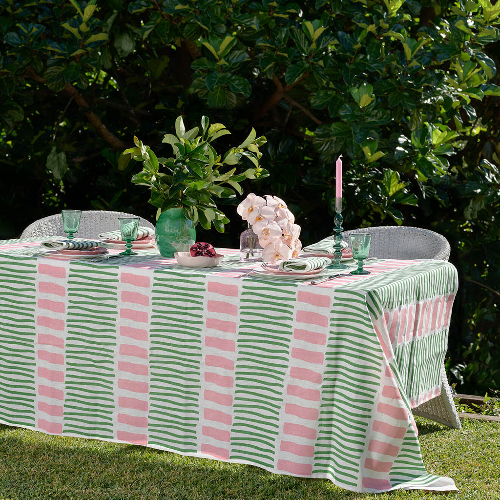 Green + pink Turkish stripe linen tablecloth