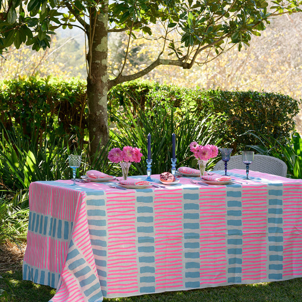 Highlighter pink + pale blue Turkish stripe linen tablecloth