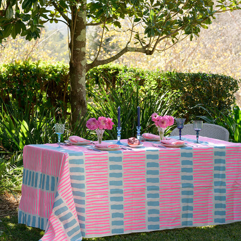 Highlighter pink + pale blue Turkish stripe linen tablecloth