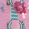 Highlighter pink + pale blue Turkish stripe linen tablecloth