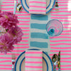 Highlighter pink + pale blue Turkish stripe linen tablecloth