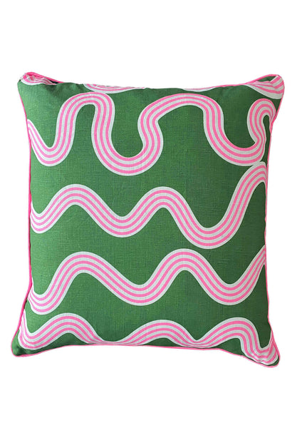 Spaghetti cushion in green + highlighter pink 50cm