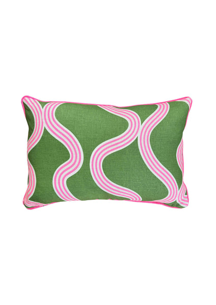 Spaghetti lumbar cushion in green + highlighter pink