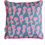 Highlighter pink + blue Poppies linen cushion 50cm