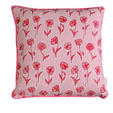 Red + pink Poppies linen cushion 50cm