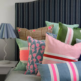 Highlighter pink + blue Poppies linen cushion 50cm
