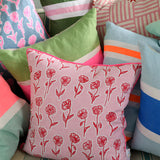 Highlighter pink + blue Poppies linen cushion 50cm