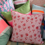 Red + pink Poppies linen cushion 50cm