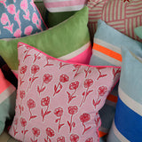 Red + pink Poppies linen cushion 50cm