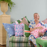 Highlighter pink + blue Poppies linen cushion 50cm