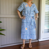 Blue + neon orange Capri linen kaftan dress - Long or short