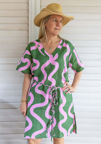 Green + highlighter pink linen kaftan dress - (Long or Short)