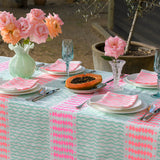 Aqua, highlighter pink + flamingo Barley Twist linen tablecloth