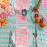 Aqua, highlighter pink + flamingo Barley Twist linen tablecloth