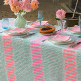 Aqua, highlighter pink + flamingo Barley Twist linen tablecloth