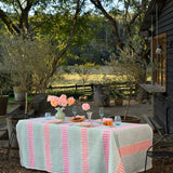Aqua, highlighter pink + flamingo Barley Twist linen tablecloth