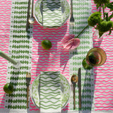 Highlighter pink + green Barley Twist linen tablecloth