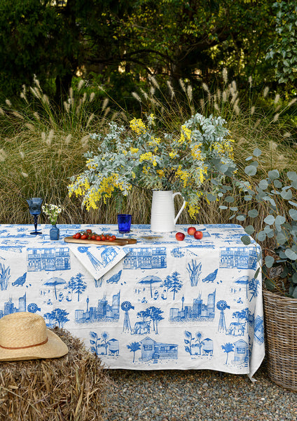 Blue Bush and the Big smoke linen tablecloth