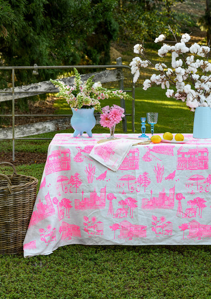 Highlighter pink Bush and the Big smoke linen tablecloth