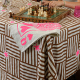 Neon pink Queen of Hearts linen tea towel (Natural and off-white)