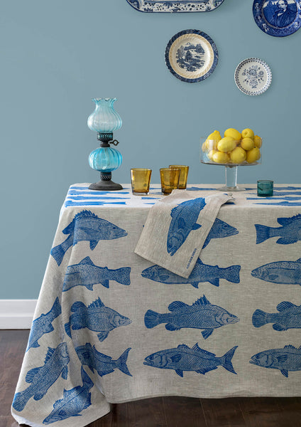 Cobalt Fish linen tablecloth