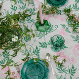 Green + pink Jasmine linen tablecloth