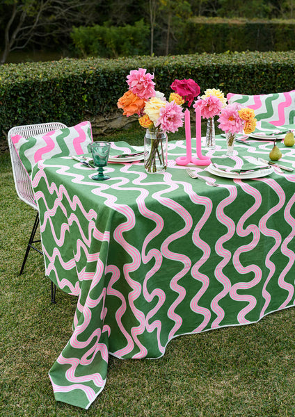 Green + highlighter pink Spaghetti linen tablecloth