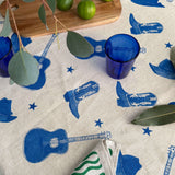 Cobalt Blue Stars + Guitars linen tablecloth