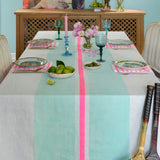 Aqua + highlighter pink Tennis stripe linen tablecloth