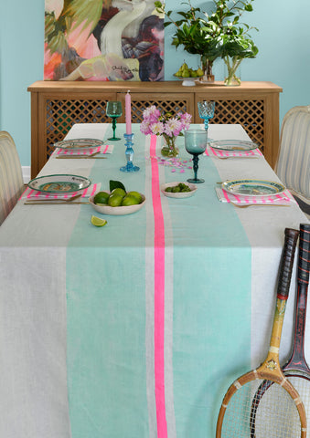 Aqua + highlighter pink Tennis stripe linen tablecloth