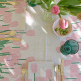 Pink + green Tulips linen tablecloth