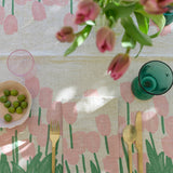 Pink + green Tulips linen tablecloth