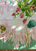 Pink + green Tulips linen tablecloth