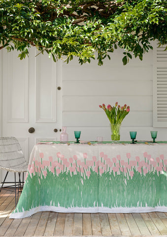 Pink + green Tulips linen tablecloth