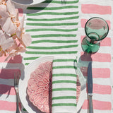Green + pink Turkish stripe linen tablecloth