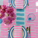 Highlighter pink + pale blue Turkish stripe linen tablecloth