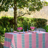 Highlighter pink + pale blue Turkish stripe linen tablecloth