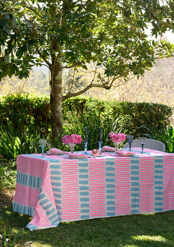 Highlighter pink + pale blue Turkish stripe linen tablecloth