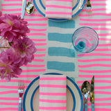Highlighter pink + pale blue Turkish stripe linen tablecloth